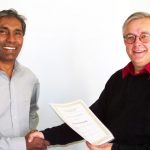Peru Perumal, the Society’s second president (after Bernard Smith), receives life membership from Glebe Society president, Andrew Craig, at the AGM in 2003. (photo: Bruce Davis)