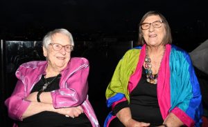 Jeanette Knox and Edwina Doe looking exceptionally colourful at the Sunset Soirée (photo: Phil Young)